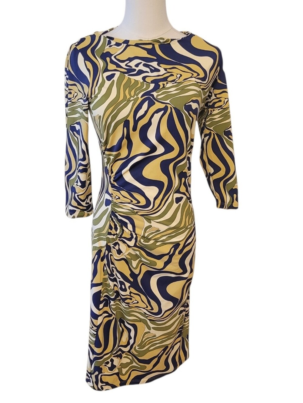 J. McLaughlin Blue & Gold Ruched Sides Shift Dress Size XS